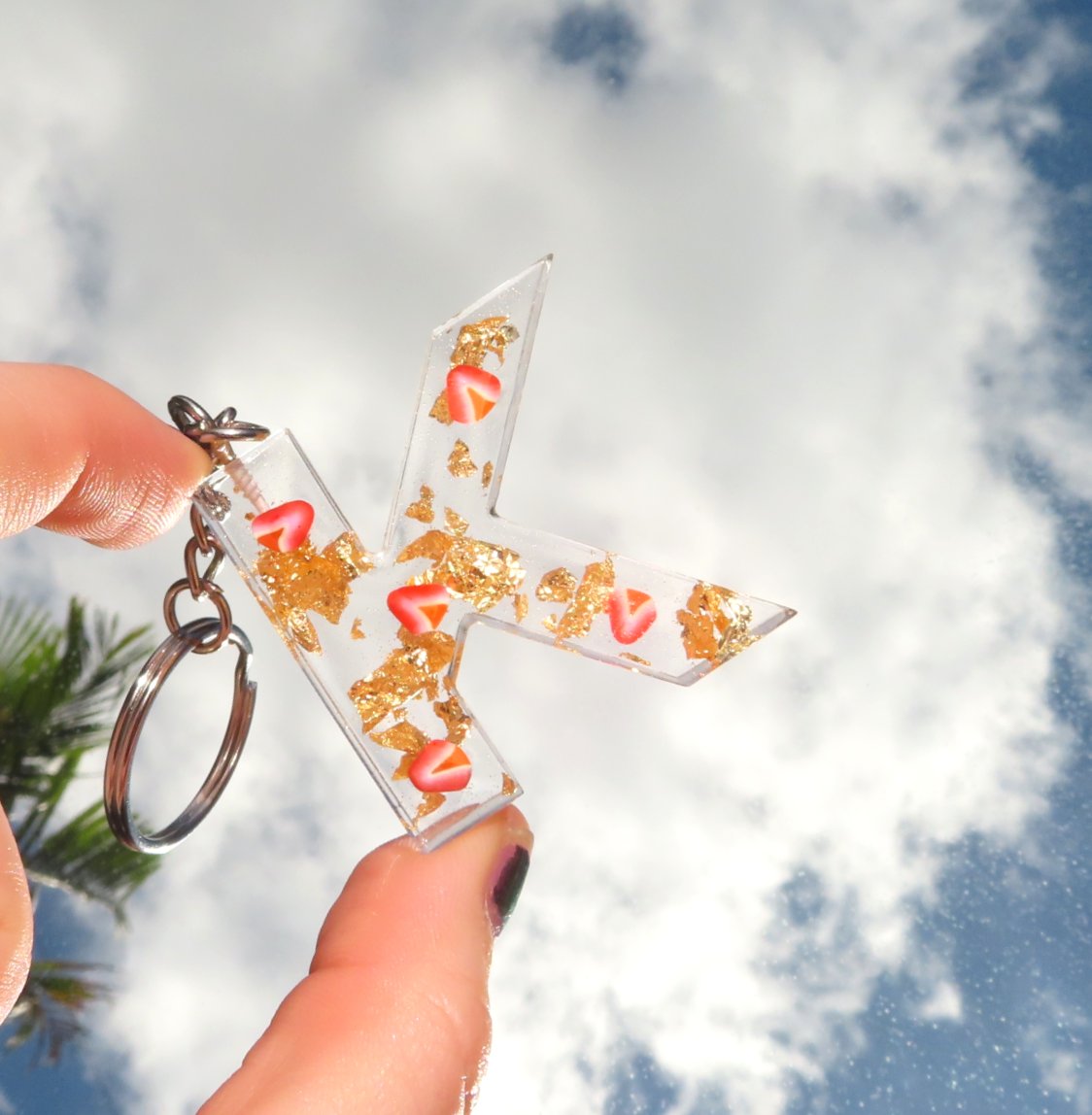 Gold Flakes with Strawberries Letter Key chain - Momma Resin