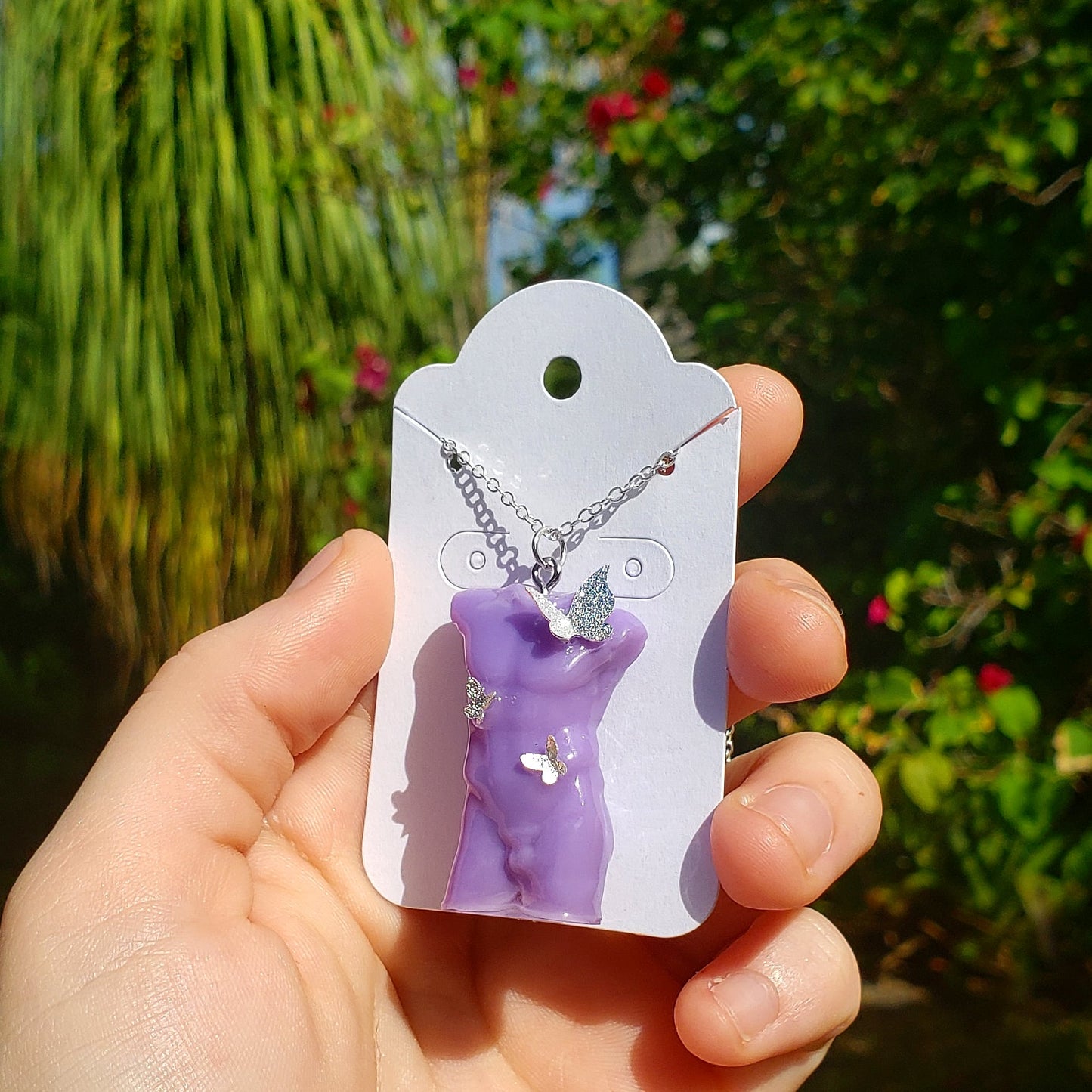 Male Body Butterfly Necklace -Purple/Silver- - Momma Resin