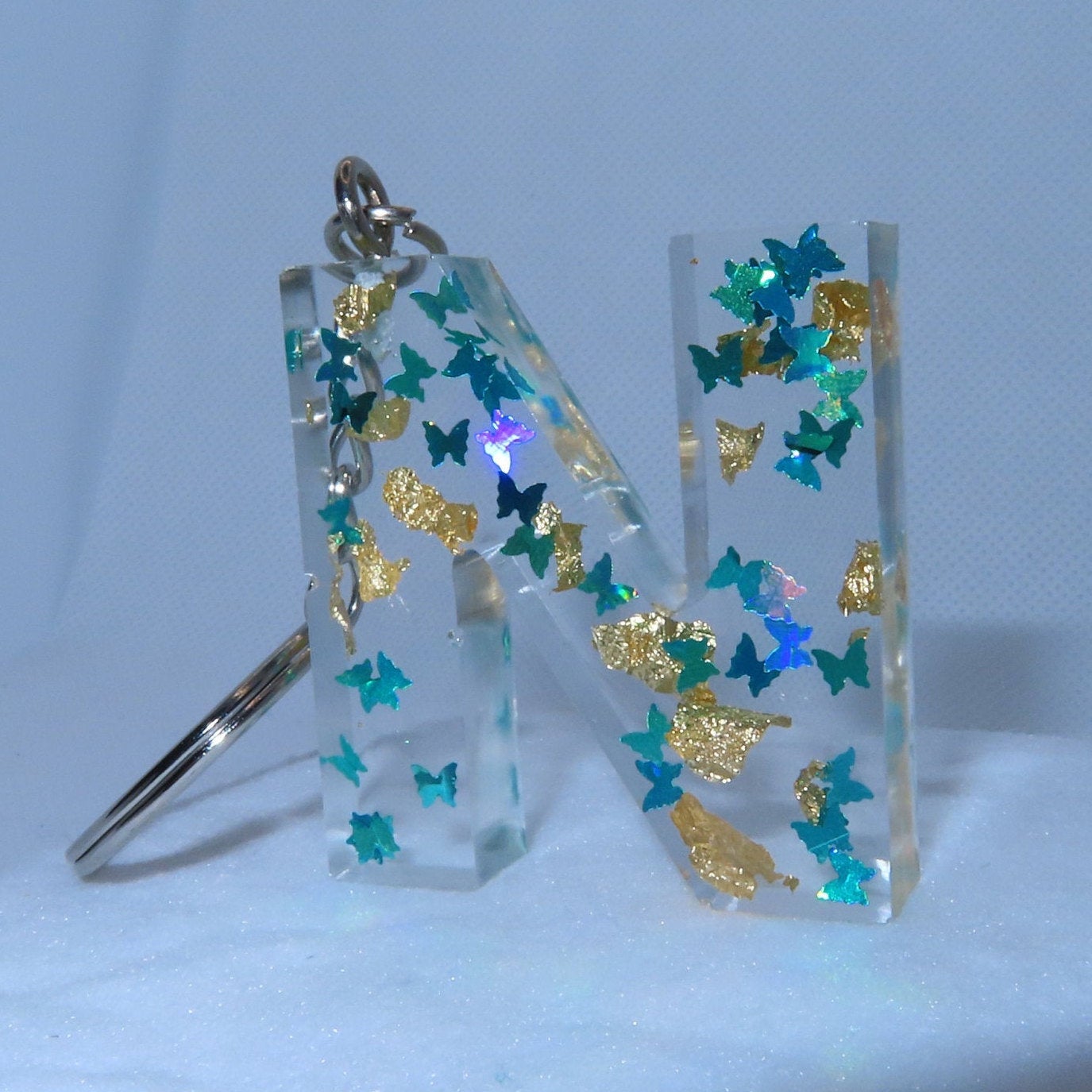 Teal Blue Butterfly and Gold Flakes Letter Key Chain - Momma Resin