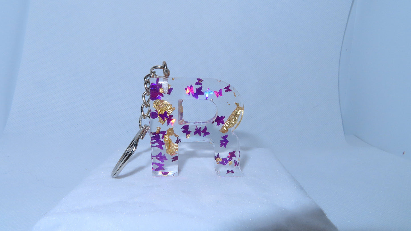 Purple Butterfly and Gold Flakes Handmade Letter Key Chain - Momma Resin