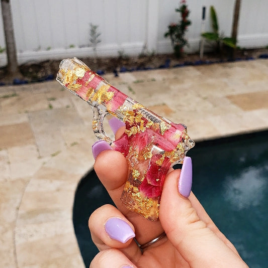 Red Petals and Gold Flakes Gun Key Chain - Momma Resin