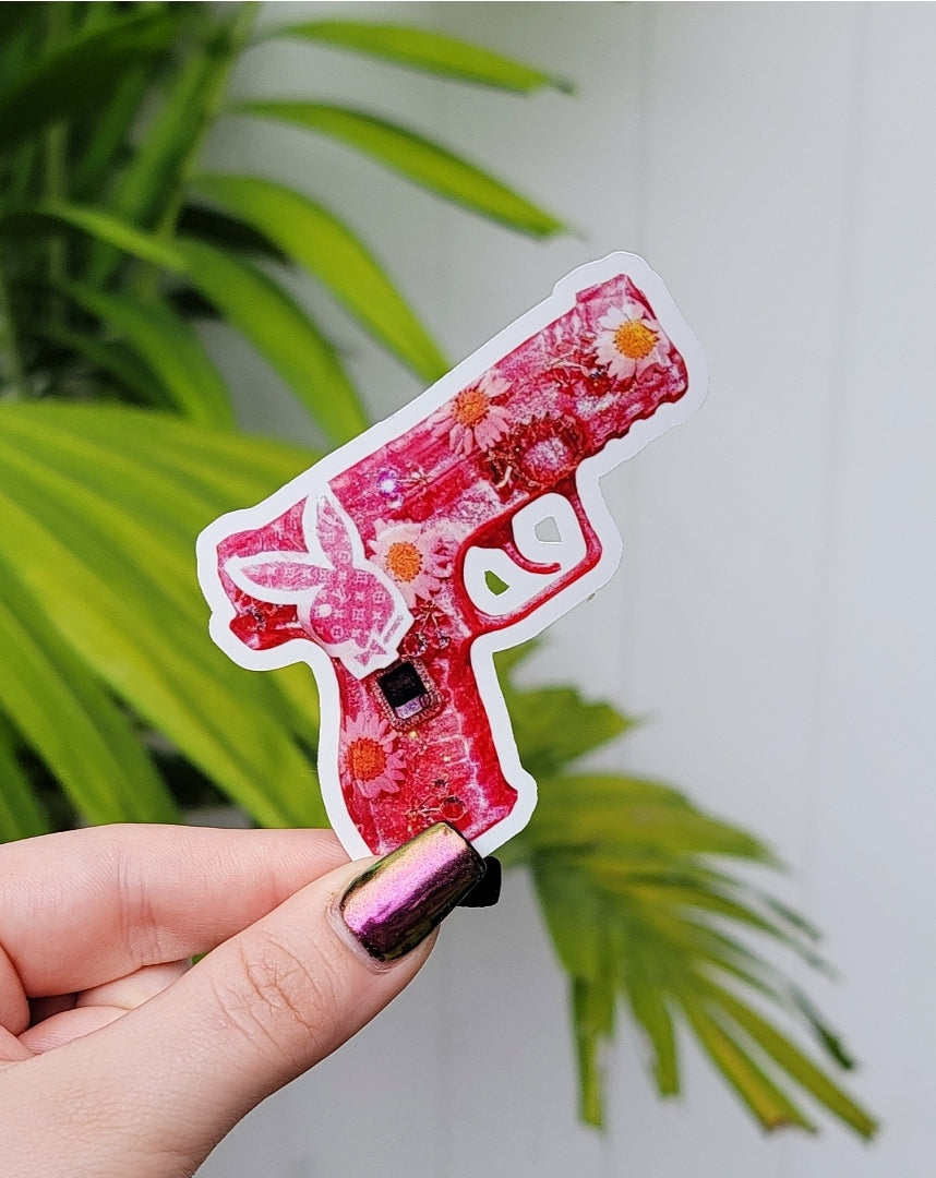 Pink Jeweled Bunny Gun Sticker - Momma Resin