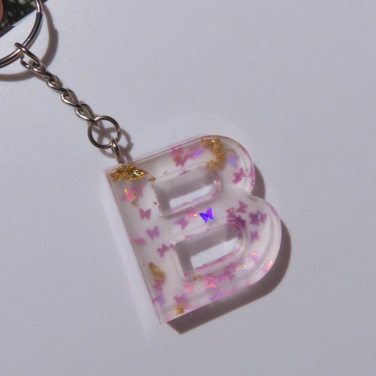 Handmade Butterfly Glitter and Gold Flakes Letter Key Chains - Momma Resin