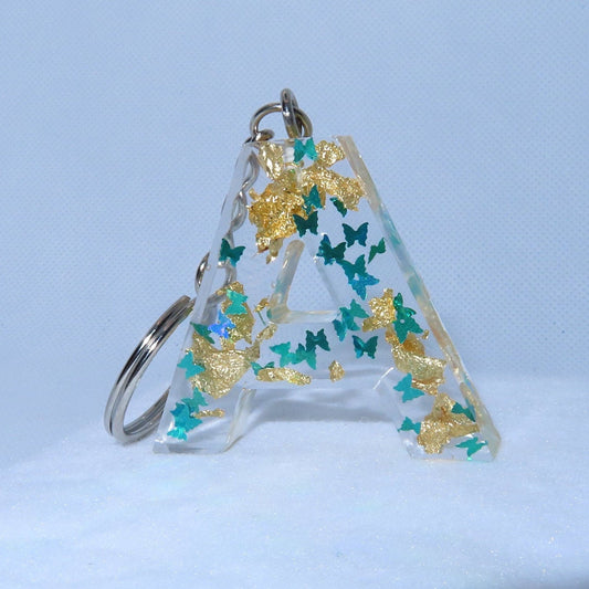 Teal Blue Butterfly and Gold Flakes Letter Key Chain - Momma Resin