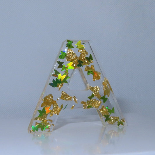 Green Butterfly & Gold Flakes Letter Key Chain - Momma Resin