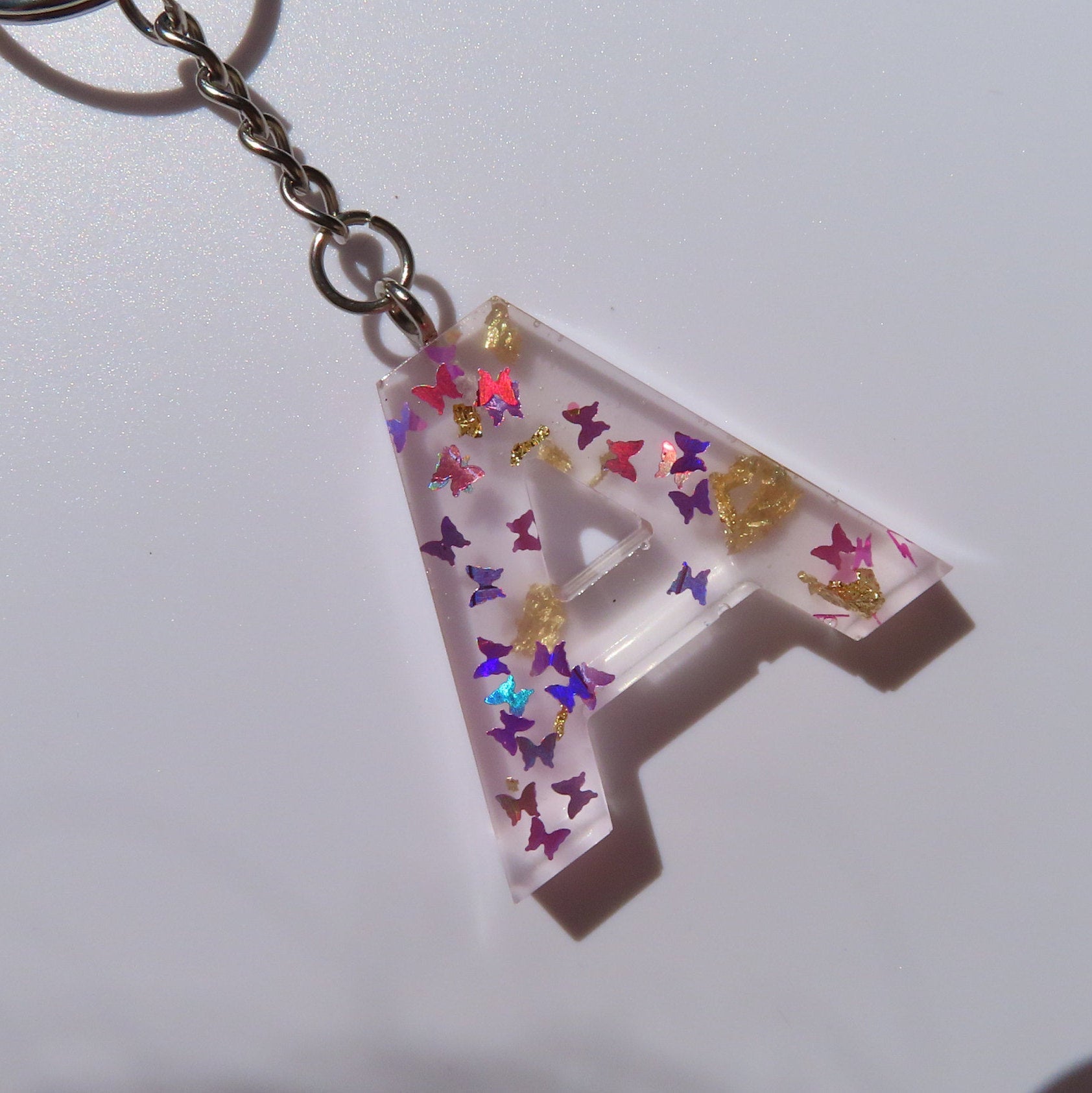 Handmade Butterfly Glitter and Gold Flakes Letter Key Chains - Momma Resin