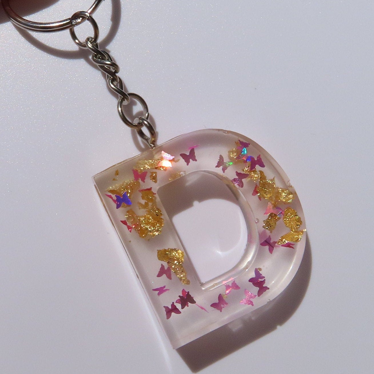 Handmade Butterfly Glitter and Gold Flakes Letter Key Chains - Momma Resin