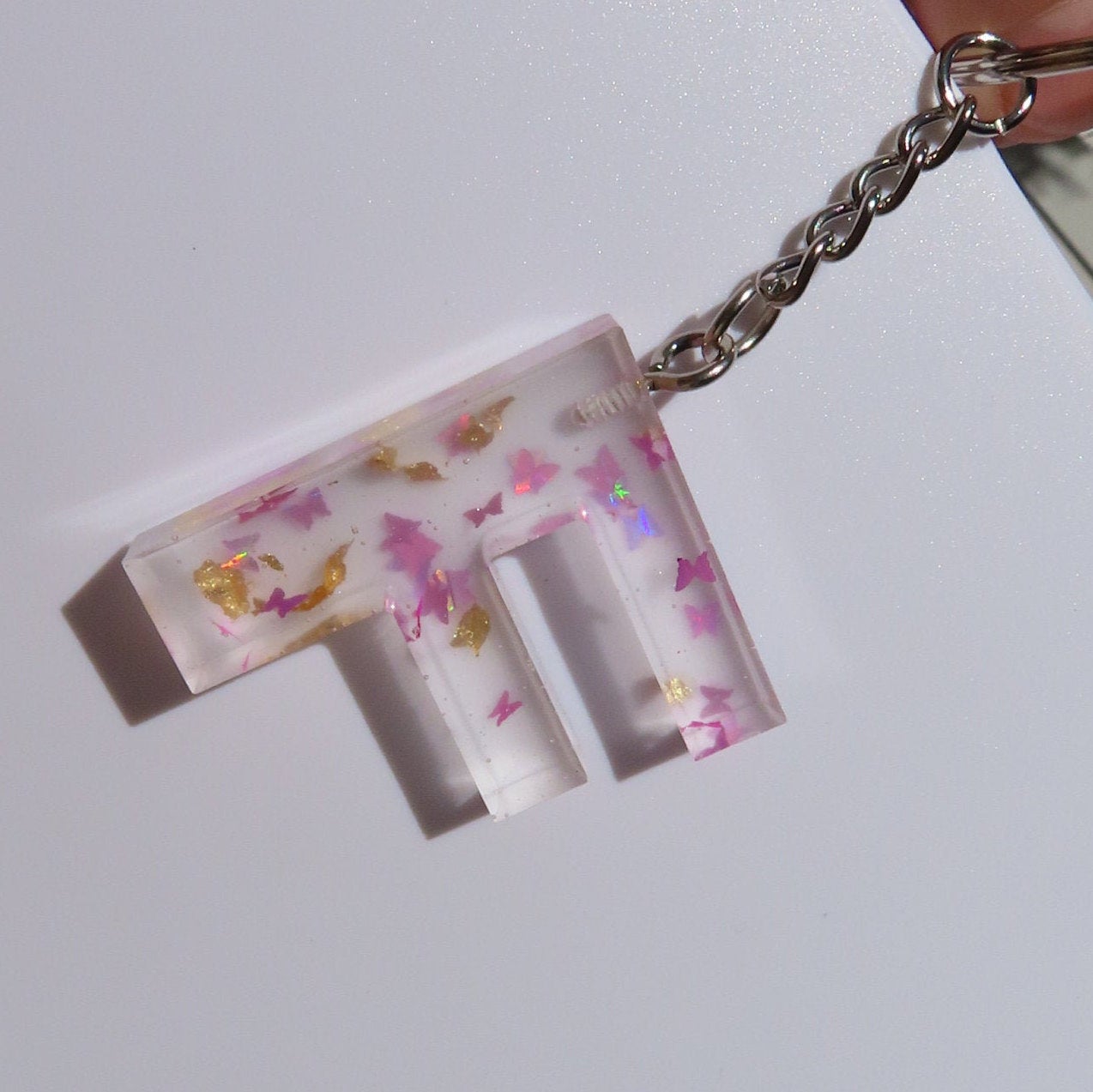 Handmade Butterfly Glitter and Gold Flakes Letter Key Chains - Momma Resin