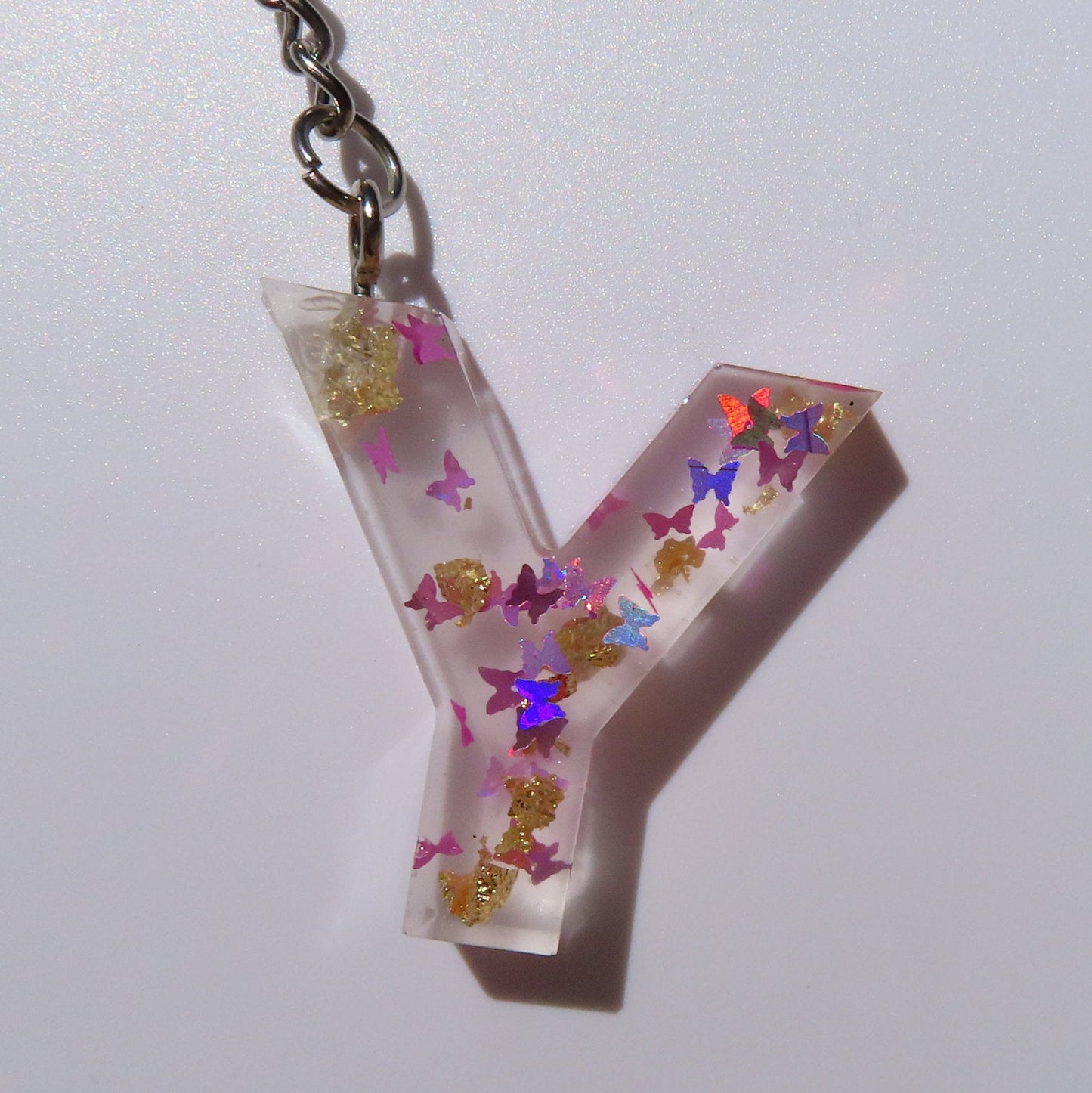 Handmade Butterfly Glitter and Gold Flakes Letter Key Chains - Momma Resin